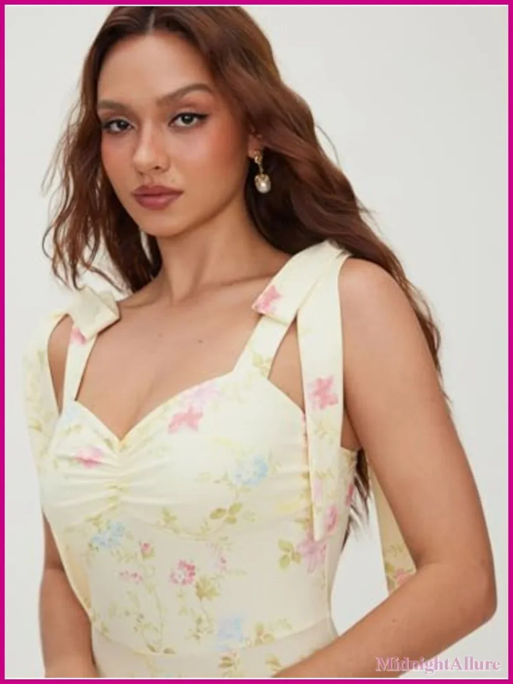 Boho Floral Midi Dress Square Neck Bow Tie Sleeveless Smocked Back A-Line